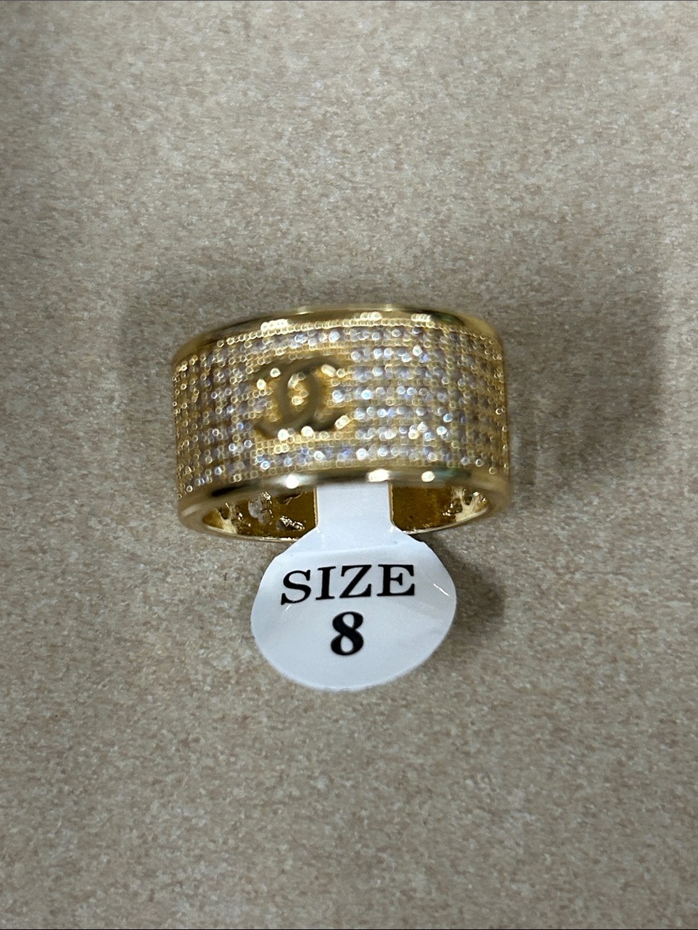 Gold Pavé Wide Band Ring with Logo Accent - Size 8
